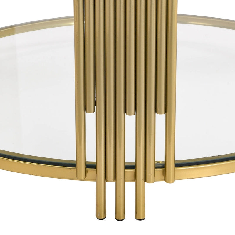 Table basse en verre trempé de 31,5 po avec motif métallique asymétrique et étagère inférieure