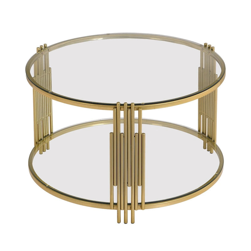 Table basse en verre trempé de 31,5 po avec motif métallique asymétrique et étagère inférieure