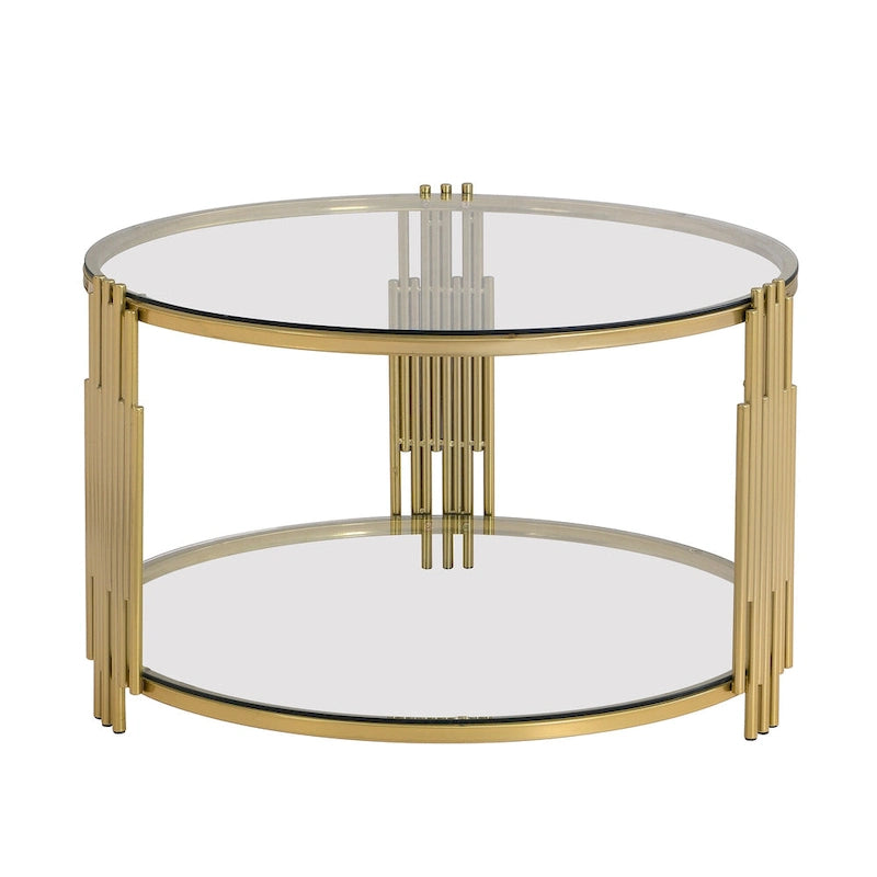 Table basse en verre trempé de 31,5 po avec motif métallique asymétrique et étagère inférieure