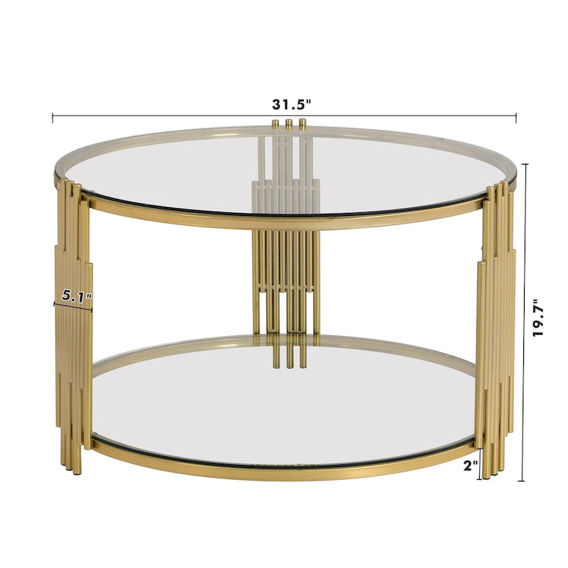 Table basse en verre trempé de 31,5 po avec motif métallique asymétrique et étagère inférieure