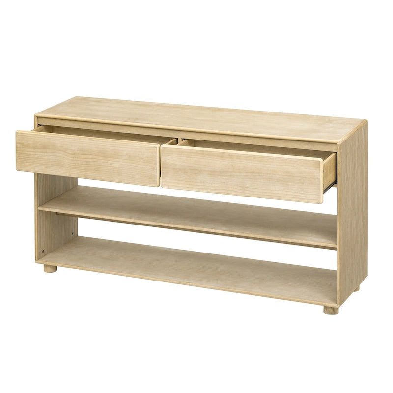 Table console en bois massif de 48 po avec 2 tiroirs et 2 étagères, pieds en bois massif et pieds réglables