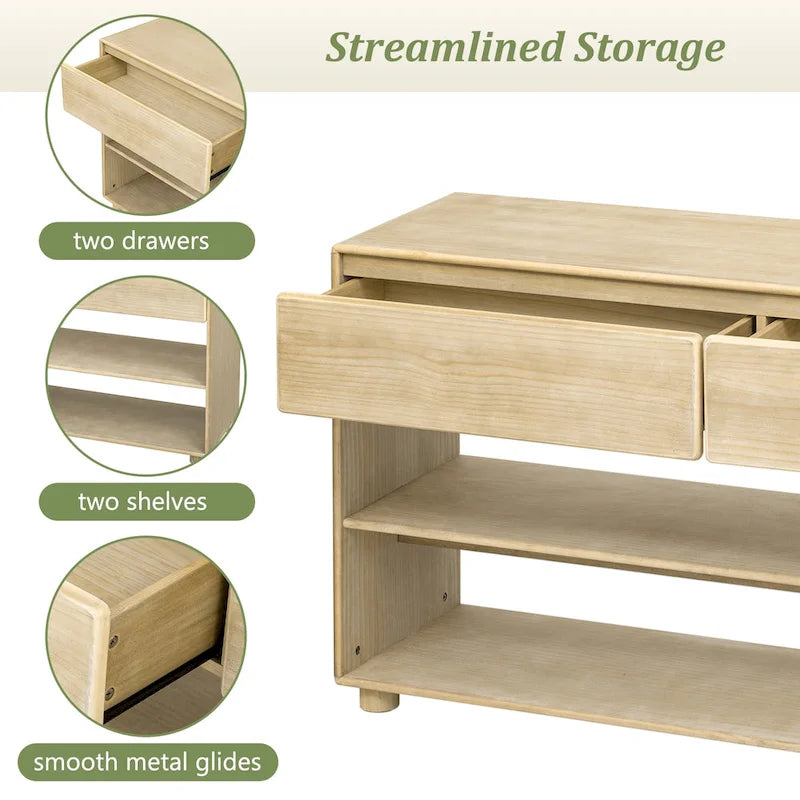 Table console en bois massif de 48 po avec 2 tiroirs et 2 étagères, pieds en bois massif et pieds réglables