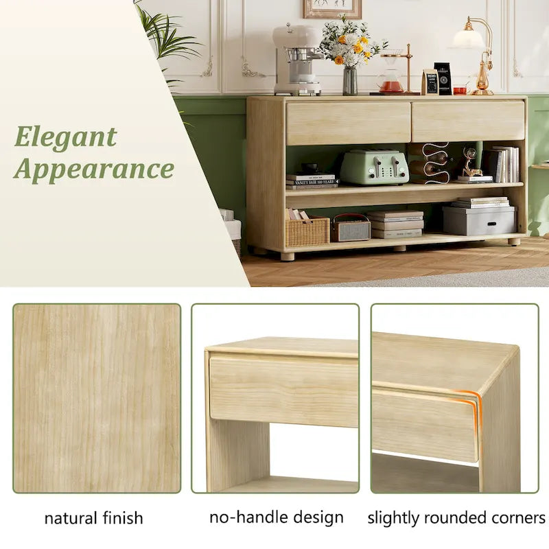 Table console en bois massif de 48 po avec 2 tiroirs et 2 étagères, pieds en bois massif et pieds réglables