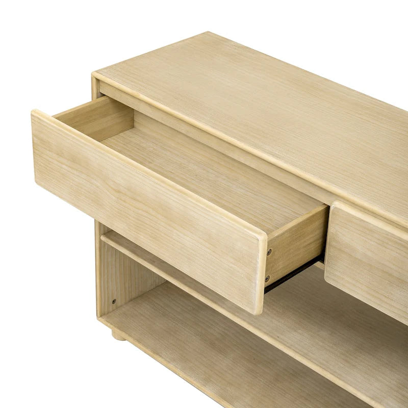 Table console en bois massif de 48 po avec 2 tiroirs et 2 étagères, pieds en bois massif et pieds réglables