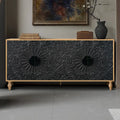 Meuble TV Accent 63 po avec portes sculptées et pieds en bois pour salon