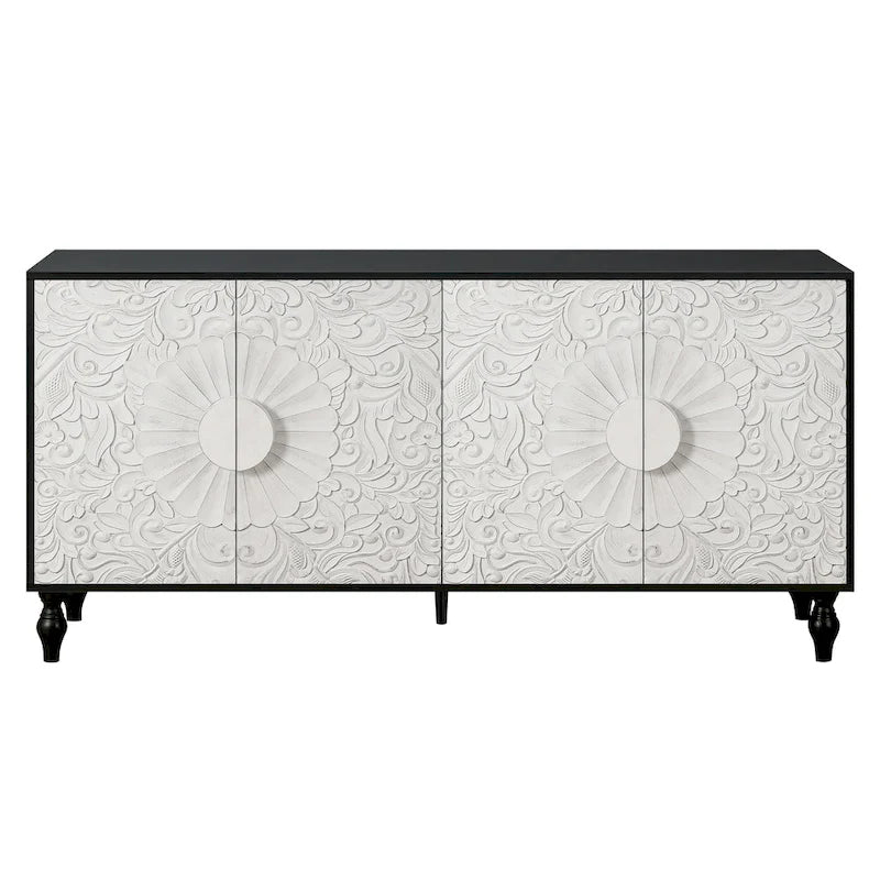 Meuble TV Accent 63 po avec portes sculptées et pieds en bois pour salon