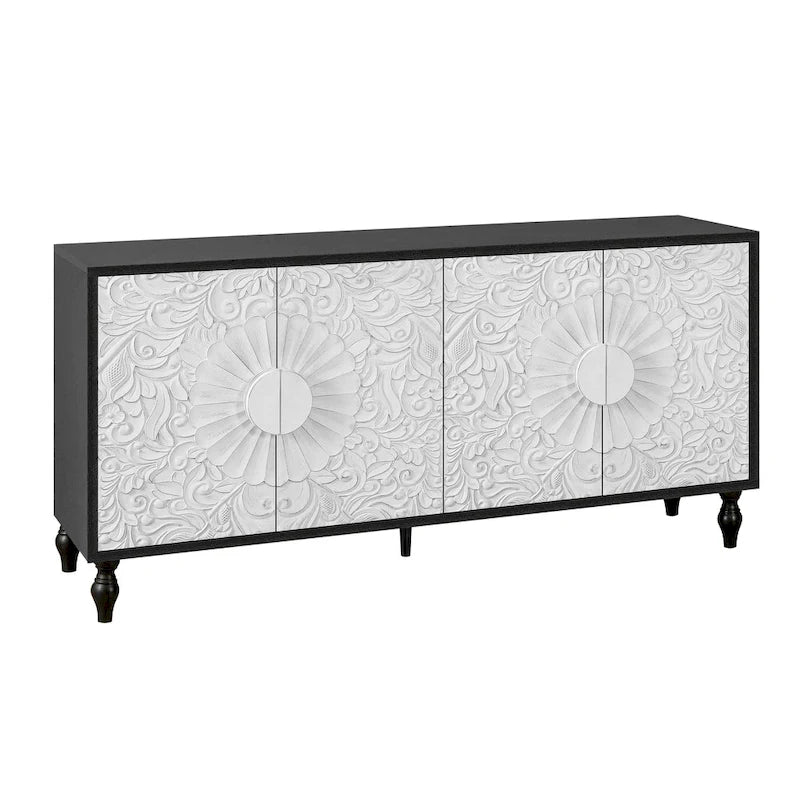 Meuble TV Accent 63 po avec portes sculptées et pieds en bois pour salon
