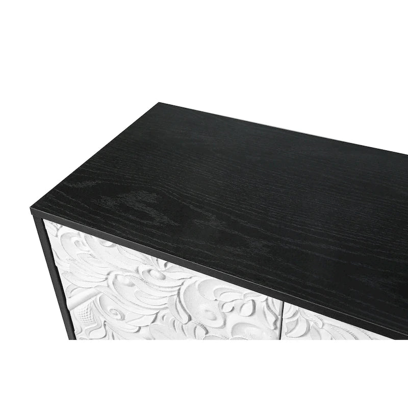 Meuble TV Accent 63 po avec portes sculptées et pieds en bois pour salon