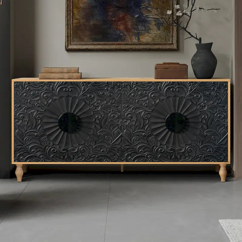 Meuble TV Accent 63 po avec portes sculptées et pieds en bois pour salon