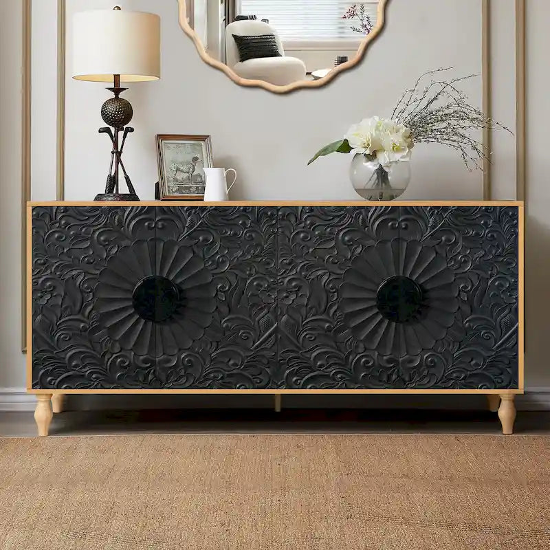 Meuble TV Accent 63 po avec portes sculptées et pieds en bois pour salon