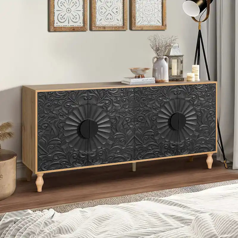 Meuble TV Accent 63 po avec portes sculptées et pieds en bois pour salon
