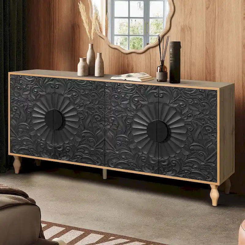 Meuble TV Accent 63 po avec portes sculptées et pieds en bois pour salon