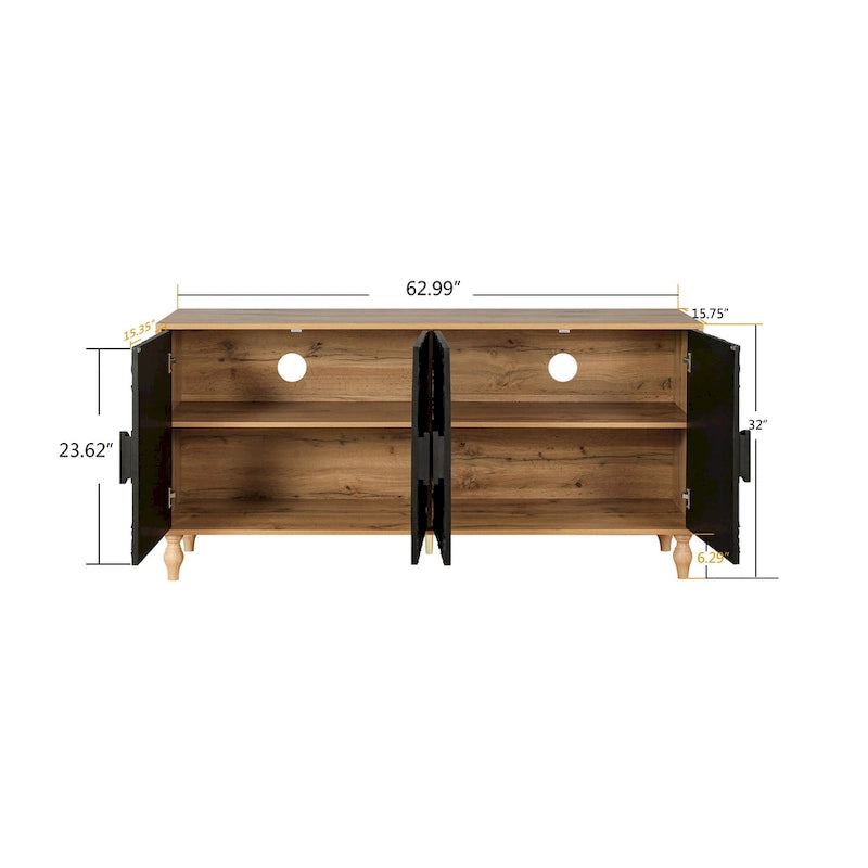 Meuble TV Accent 63 po avec portes sculptées et pieds en bois pour salon