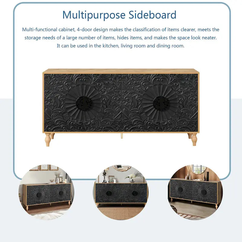 Meuble TV Accent 63 po avec portes sculptées et pieds en bois pour salon