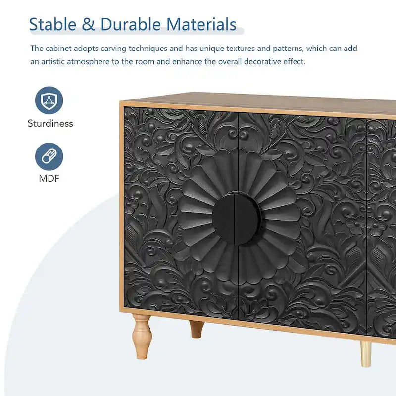 Meuble TV Accent 63 po avec portes sculptées et pieds en bois pour salon