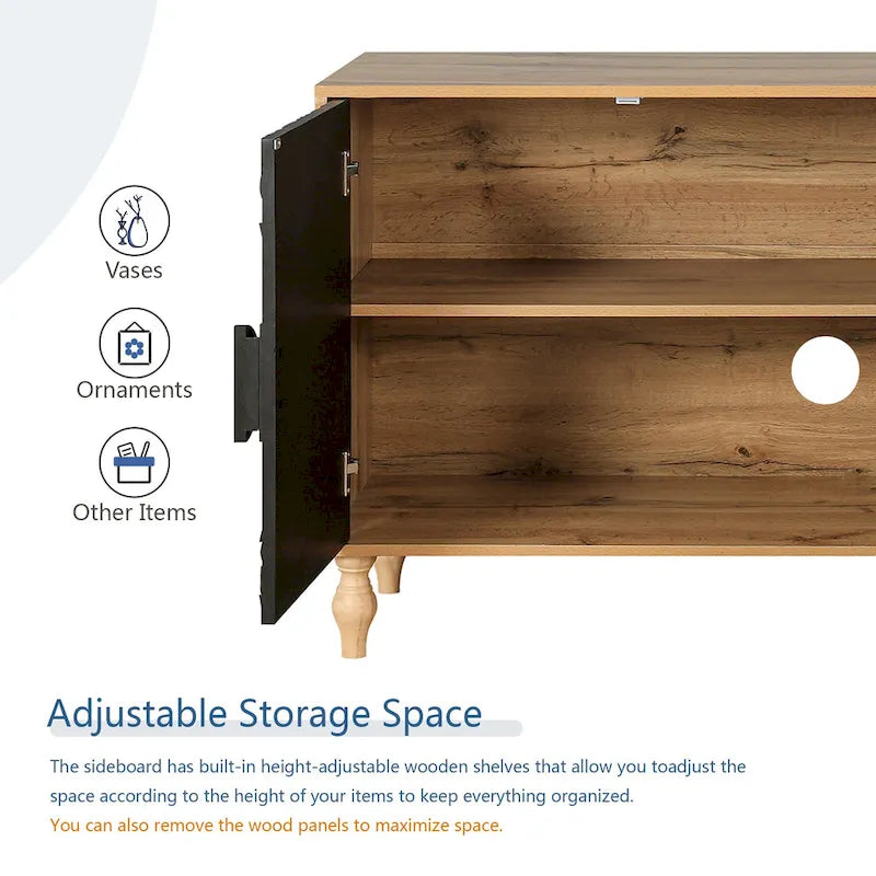 Meuble TV Accent 63 po avec portes sculptées et pieds en bois pour salon