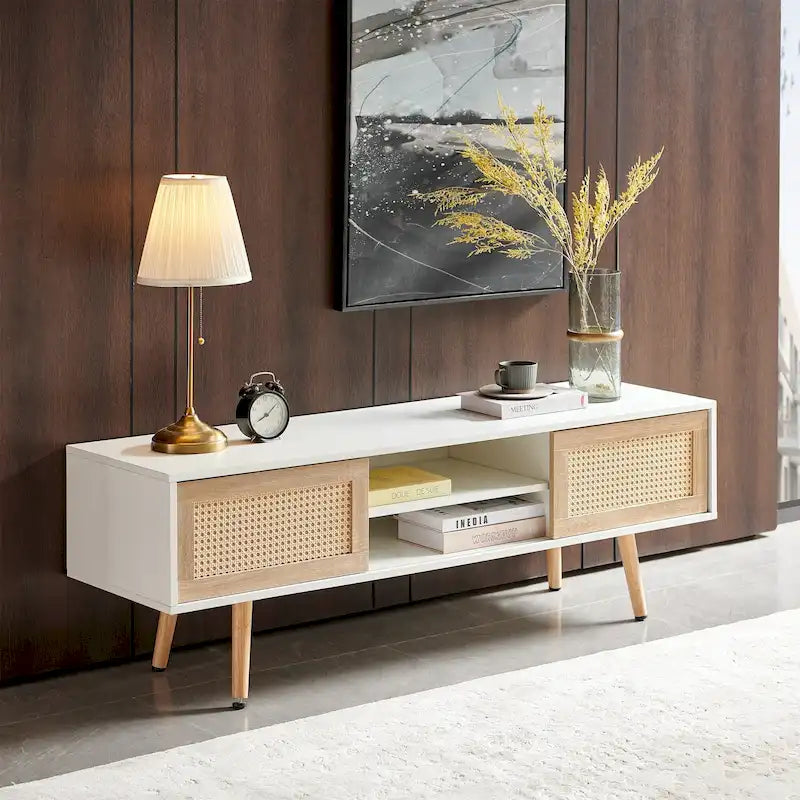 Meuble TV de 55,12 po avec portes coulissantes doubles, pieds en bois massif et étagère réglable pour salon