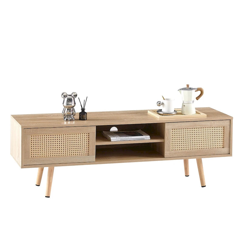 Meuble TV de 55,12 po avec portes coulissantes doubles, pieds en bois massif et étagère réglable pour salon