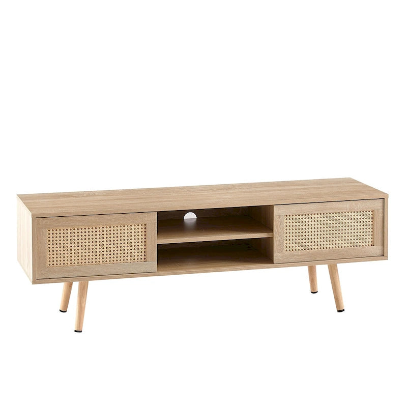Meuble TV de 55,12 po avec portes coulissantes doubles, pieds en bois massif et étagère réglable pour salon