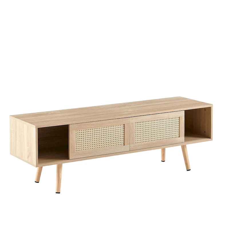 Meuble TV de 55,12 po avec portes coulissantes doubles, pieds en bois massif et étagère réglable pour salon