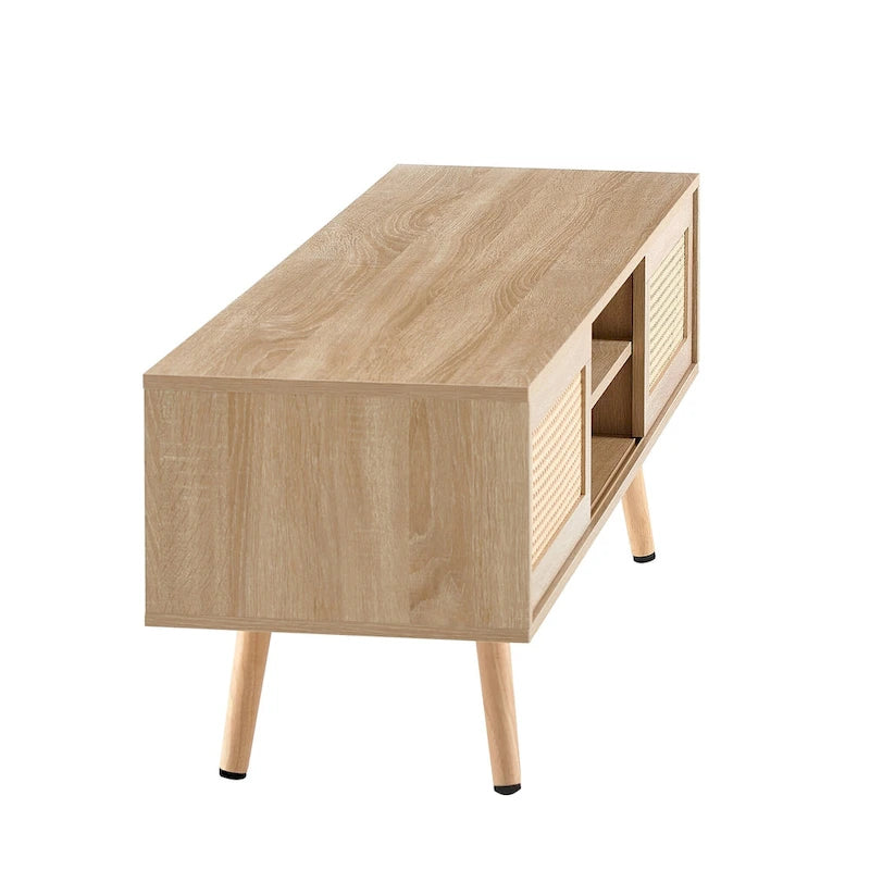 Meuble TV de 55,12 po avec portes coulissantes doubles, pieds en bois massif et étagère réglable pour salon