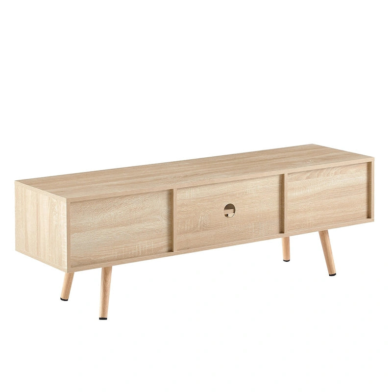 Meuble TV de 55,12 po avec portes coulissantes doubles, pieds en bois massif et étagère réglable pour salon