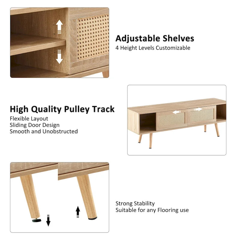Meuble TV de 55,12 po avec portes coulissantes doubles, pieds en bois massif et étagère réglable pour salon