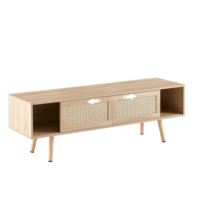 Meuble TV de 55,12 po avec portes coulissantes doubles, pieds en bois massif et étagère réglable pour salon