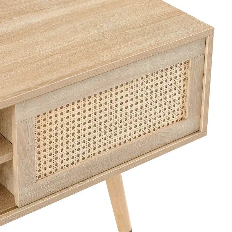 Meuble TV de 55,12 po avec portes coulissantes doubles, pieds en bois massif et étagère réglable pour salon