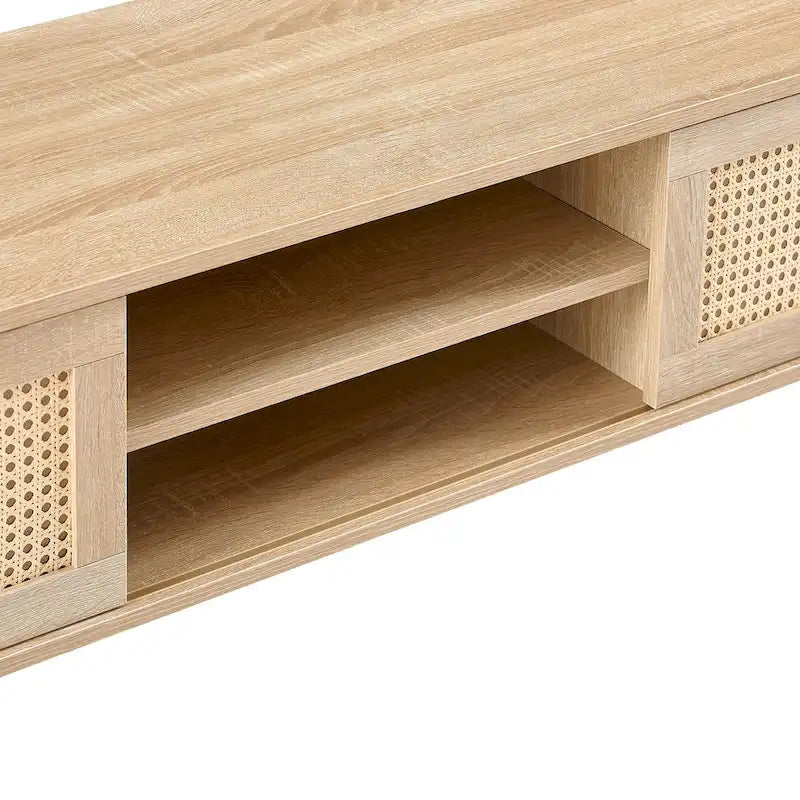 Meuble TV de 55,12 po avec portes coulissantes doubles, pieds en bois massif et étagère réglable pour salon