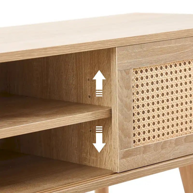Meuble TV de 55,12 po avec portes coulissantes doubles, pieds en bois massif et étagère réglable pour salon