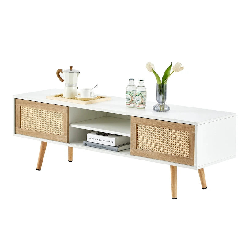 Meuble TV de 55,12 po avec portes coulissantes doubles, pieds en bois massif et étagère réglable pour salon
