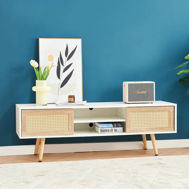 Meuble TV de 55,12 po avec portes coulissantes doubles, pieds en bois massif et étagère réglable pour salon