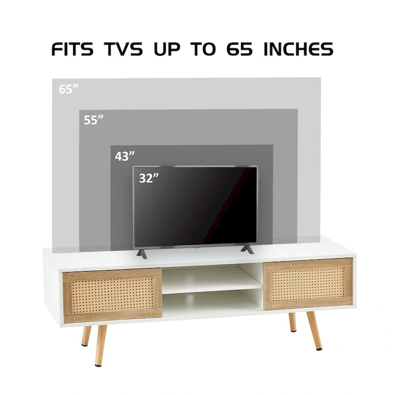 Meuble TV de 55,12 po avec portes coulissantes doubles, pieds en bois massif et étagère réglable pour salon