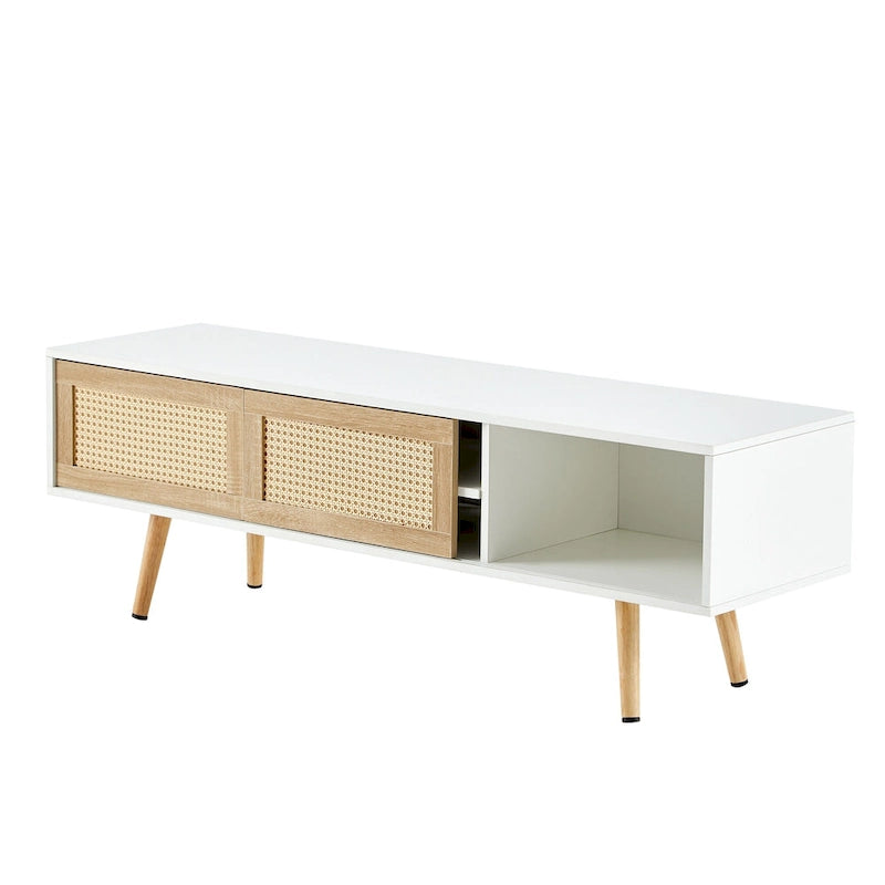 Meuble TV de 55,12 po avec portes coulissantes doubles, pieds en bois massif et étagère réglable pour salon