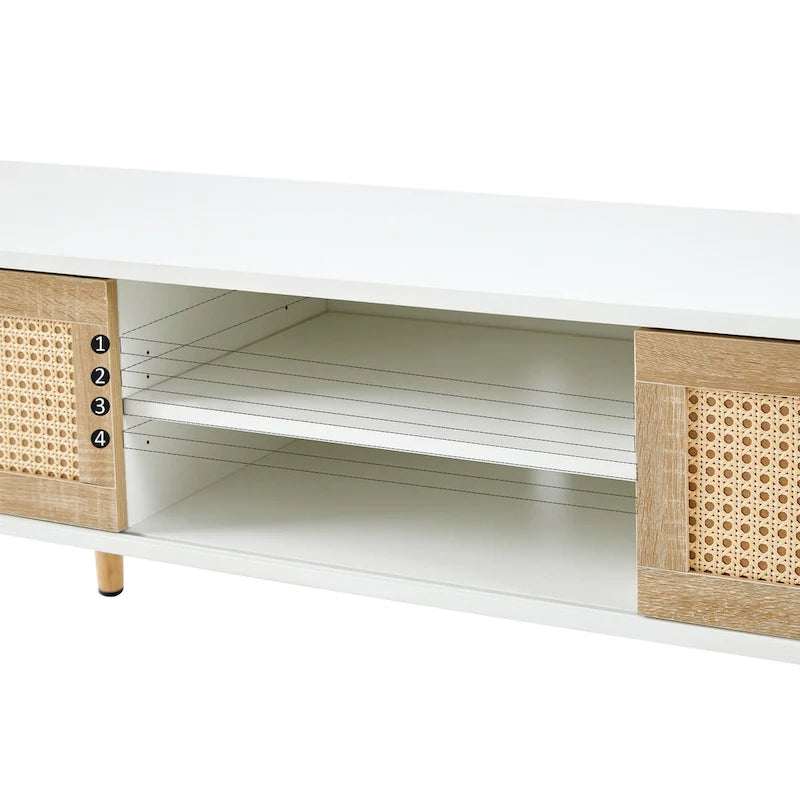 Meuble TV de 55,12 po avec portes coulissantes doubles, pieds en bois massif et étagère réglable pour salon