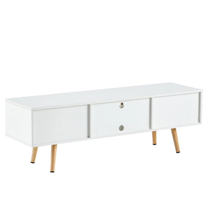 Meuble TV de 55,12 po avec portes coulissantes doubles, pieds en bois massif et étagère réglable pour salon