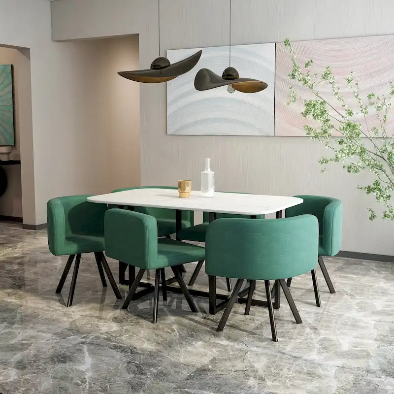 Ensemble de salle à manger moderne 7 pièces avec table rectangulaire en marbre et 6 chaises rembourrées
