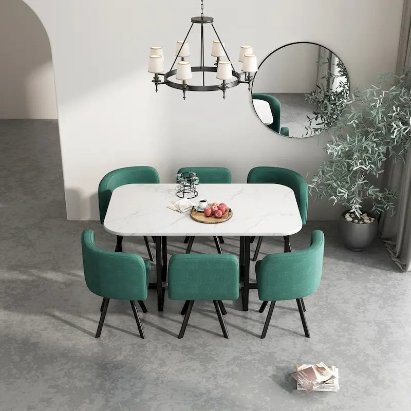 Ensemble de salle à manger moderne 7 pièces avec table rectangulaire en marbre et 6 chaises rembourrées
