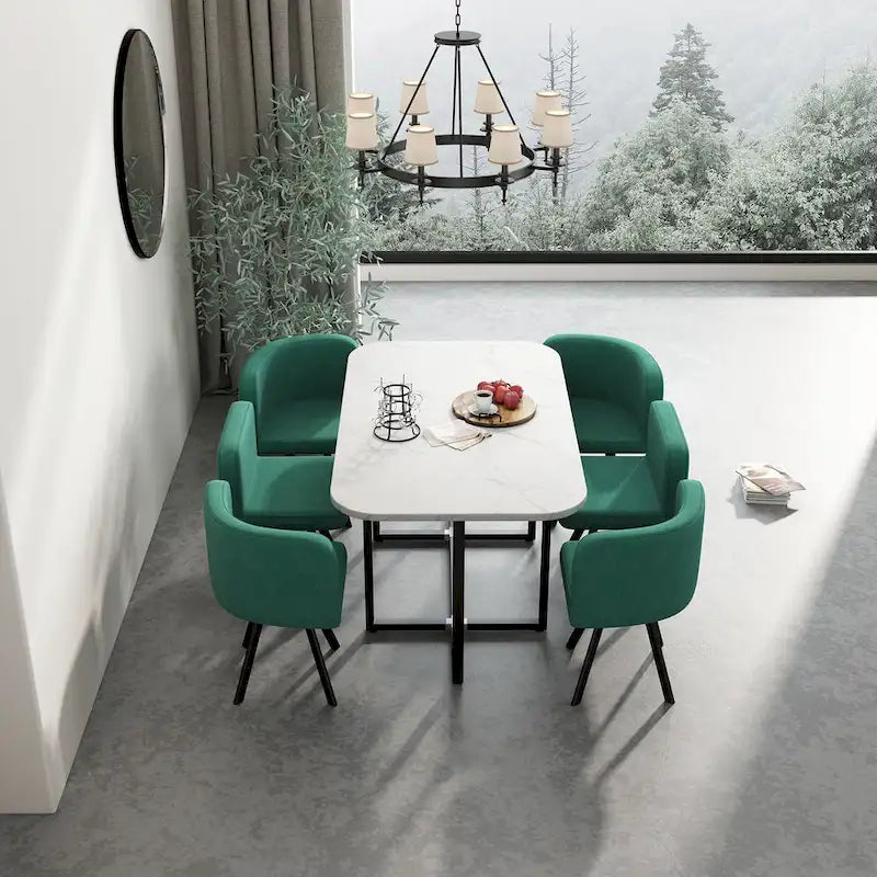 Ensemble de salle à manger moderne 7 pièces avec table rectangulaire en marbre et 6 chaises rembourrées