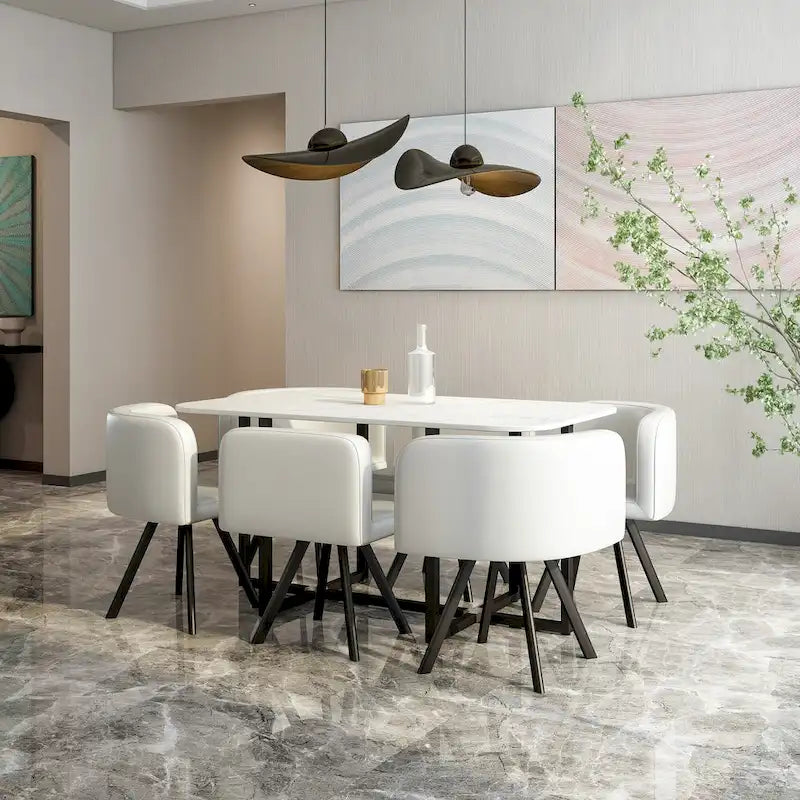 Ensemble de salle à manger moderne 7 pièces avec table rectangulaire en marbre et 6 chaises rembourrées