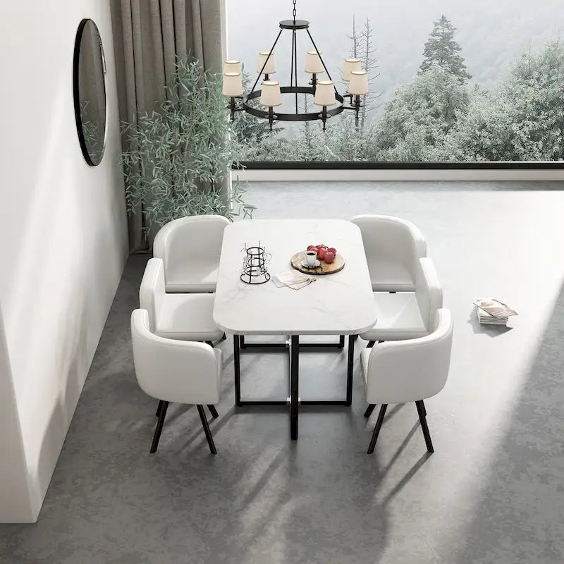 Ensemble de salle à manger moderne 7 pièces avec table rectangulaire en marbre et 6 chaises rembourrées