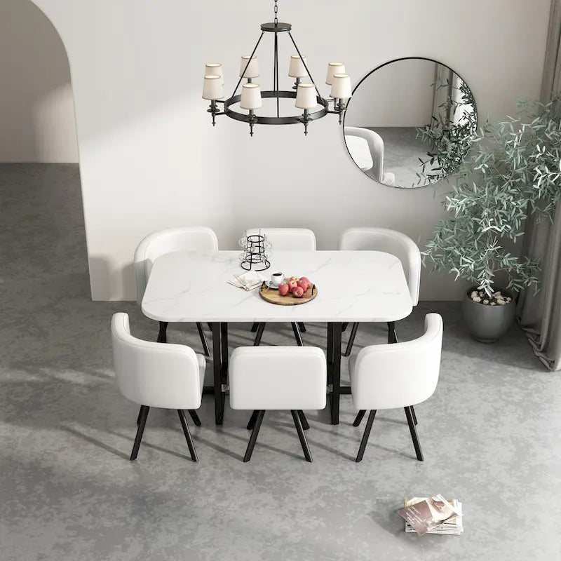 Ensemble de salle à manger moderne 7 pièces avec table rectangulaire en marbre et 6 chaises rembourrées