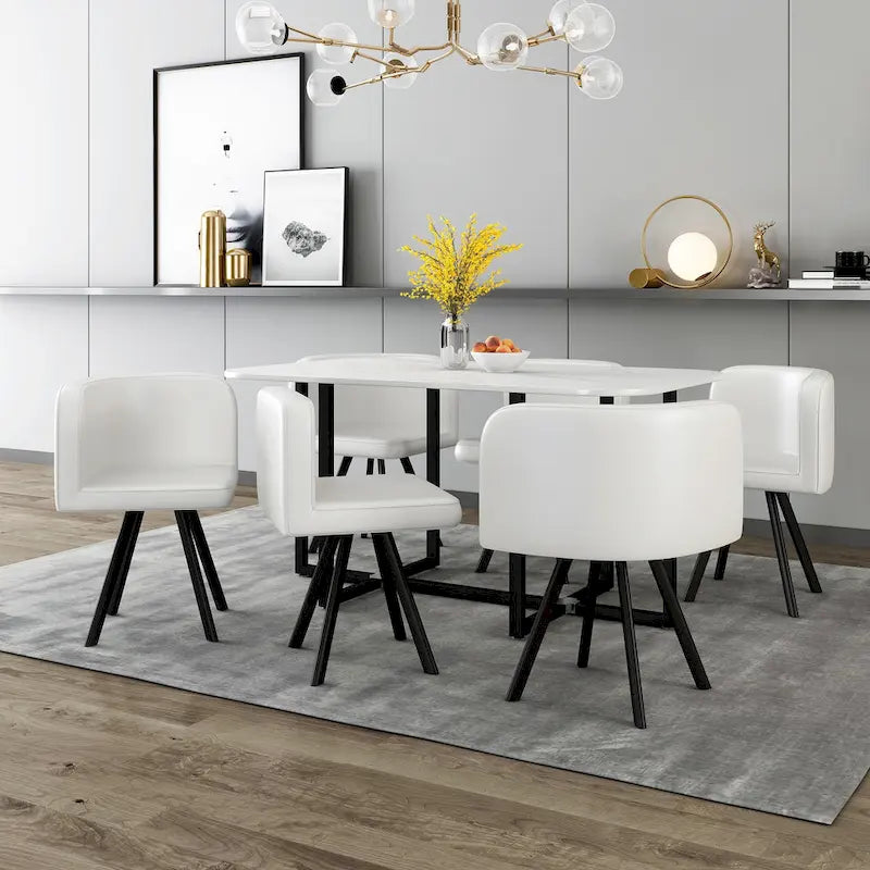 Ensemble de salle à manger moderne 7 pièces avec table rectangulaire en marbre et 6 chaises rembourrées