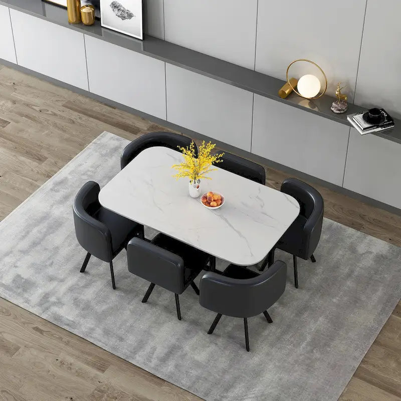 Ensemble de salle à manger moderne 7 pièces avec table rectangulaire en marbre et 6 chaises rembourrées
