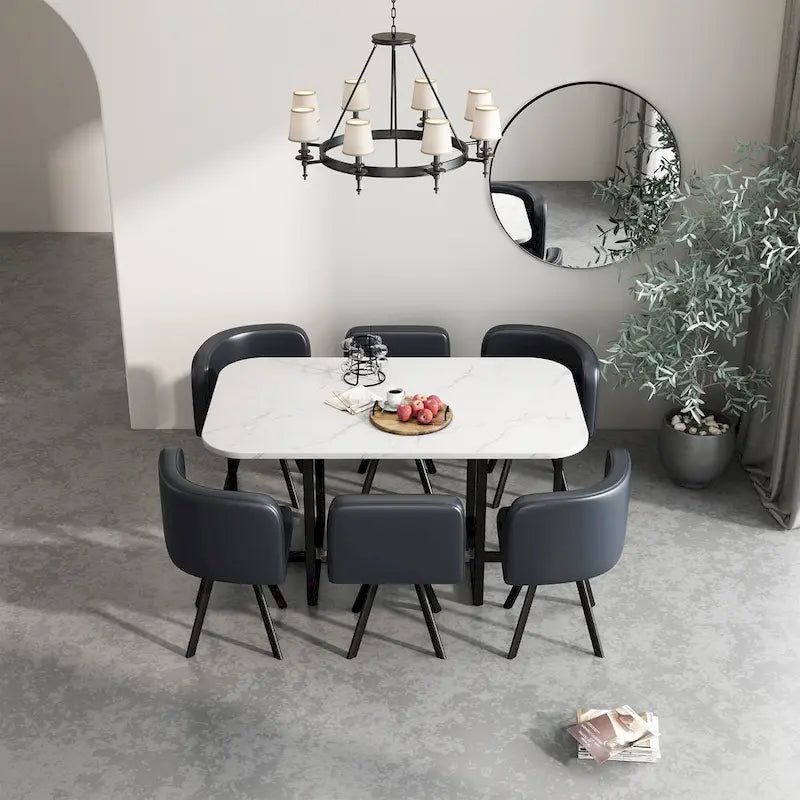 Ensemble de salle à manger moderne 7 pièces avec table rectangulaire en marbre et 6 chaises rembourrées