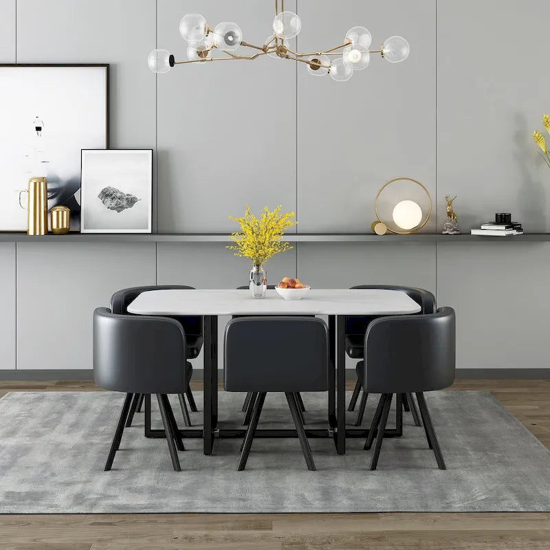 Ensemble de salle à manger moderne 7 pièces avec table rectangulaire en marbre et 6 chaises rembourrées