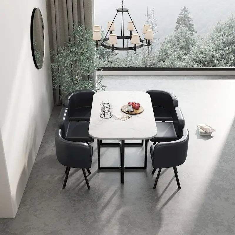 Ensemble de salle à manger moderne 7 pièces avec table rectangulaire en marbre et 6 chaises rembourrées