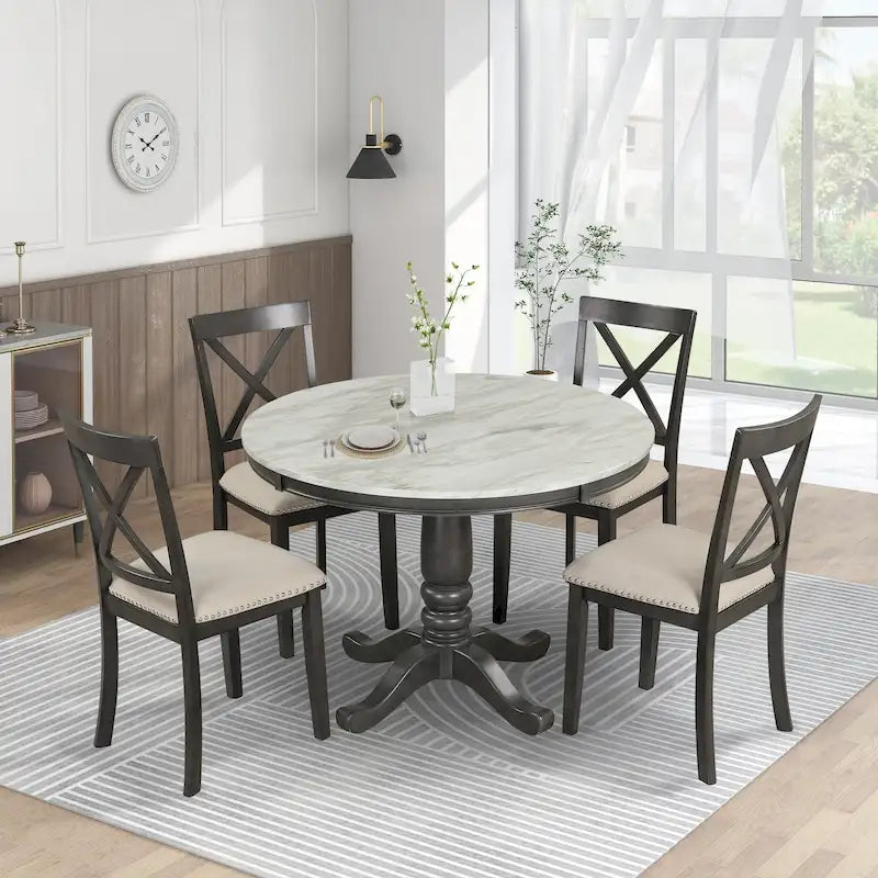 Ensemble de salle à manger moderne 5 pièces en bois avec table ronde et chaises