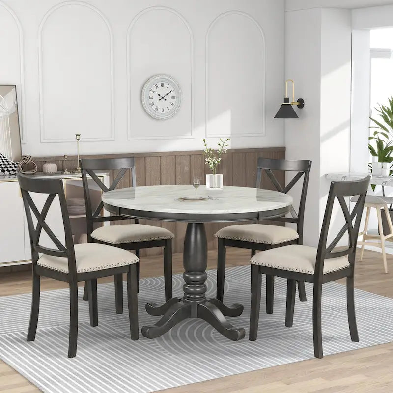 Ensemble de salle à manger moderne 5 pièces en bois avec table ronde et chaises